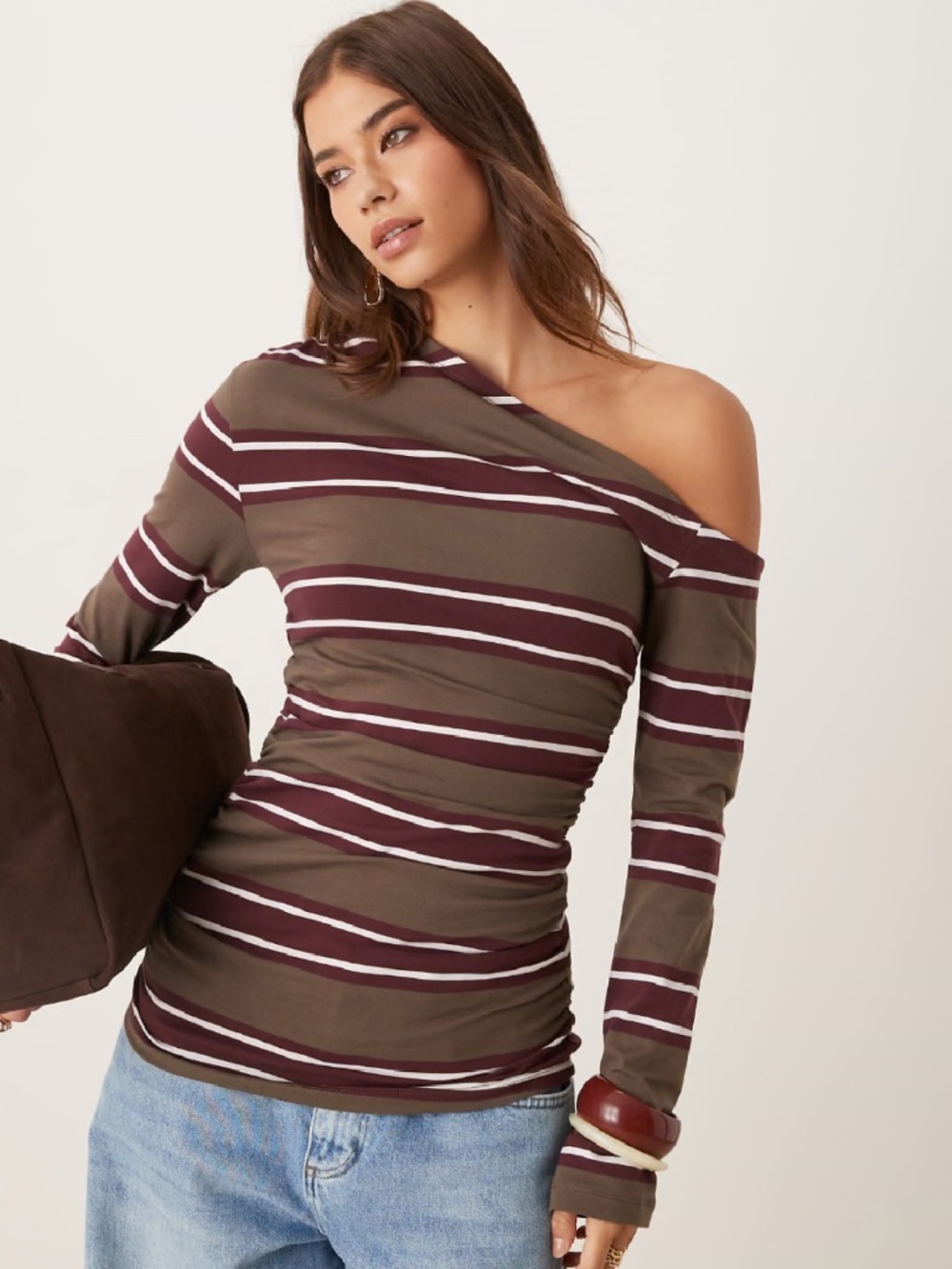 ASOS DESIGN Long Sleeve Off Shoulder Corset Waist Tee in Khaki Stripe